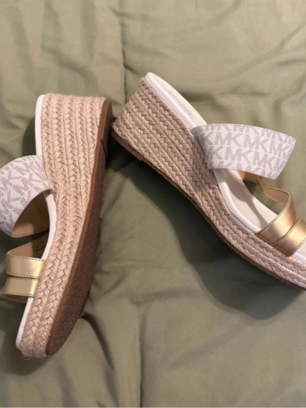 Michael Kors Gold & Beige Logo Espadrille Wedge Sandals